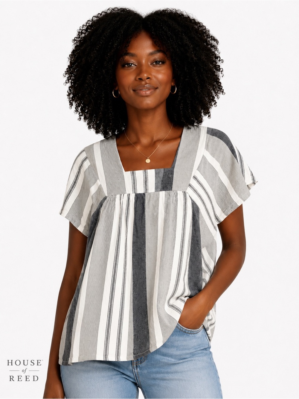Thread Supply Linen Blend Striped Boho Blouse Large Gray White‎ Cottage Coast